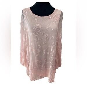 Belle France silk blend bat wing soft pink chiffon‎ overlay blouse ladies small